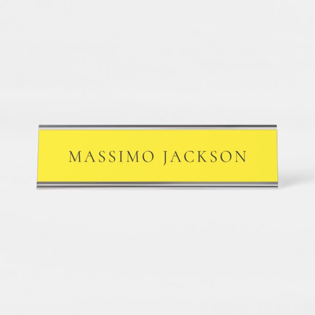 Bright Yellow Minimalist Plain Modern Aesthetic Desk Name Plate (Front)