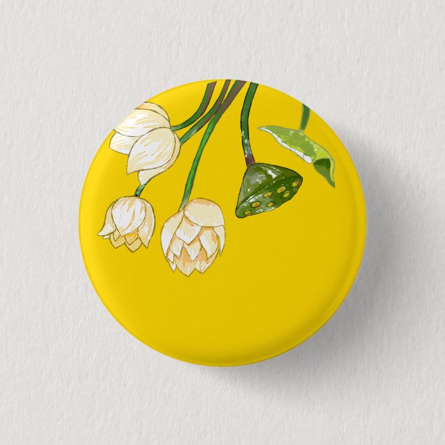 Bright Yellow Modern Lotus Flowers & Seedpod  Button (Front)