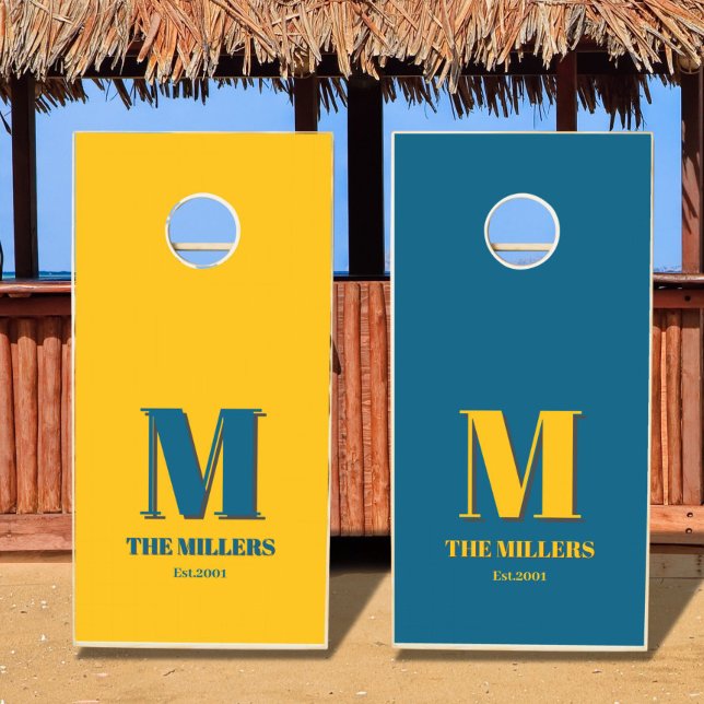 Bright yellow monogram beach house  cornhole set (Creator Uploaded)