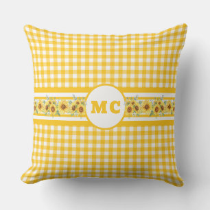 Bright Yellow Monogram Gingham Plaid Sunflower Outdoor Pillow
