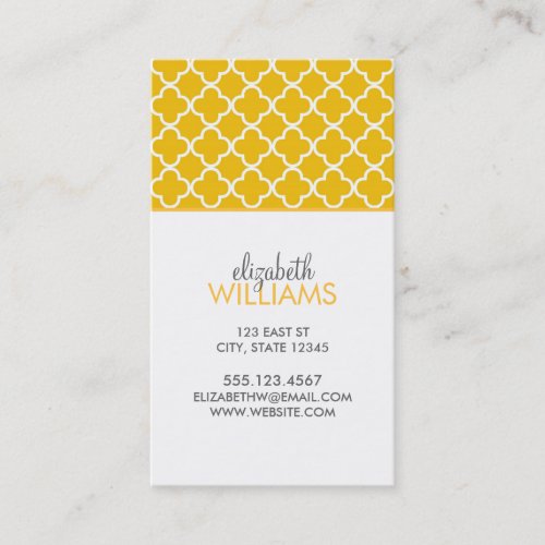 Bright Yellow Moroccan Quatrefoil Pattern Business Card