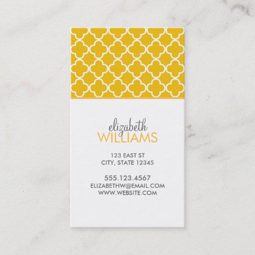 Customizable Bright Yellow Moroccan Quatrefoil Pattern Business Card