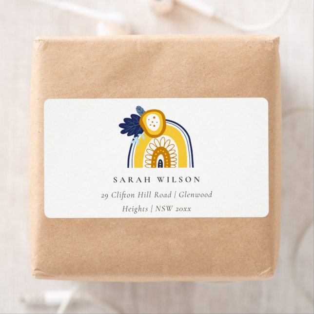 Bright Yellow Navy Boho Floral Rainbow Address Label (Insitu)
