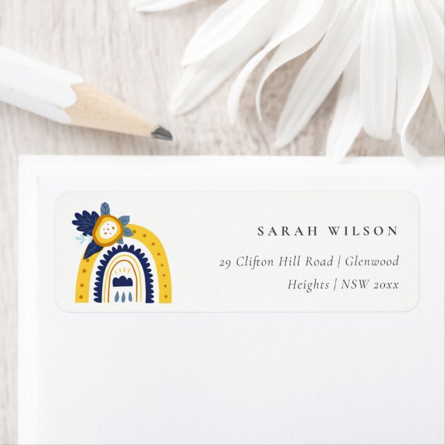 Bright Yellow Navy Boho Floral Rainbow Address Label (Insitu)