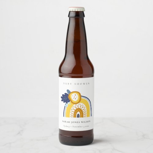 Bright Yellow Navy Boho Floral Rainbow Baby Shower Beer Bottle Label