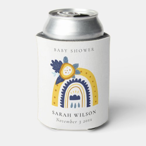 Bright Yellow Navy Boho Floral Rainbow Baby Shower Can Cooler