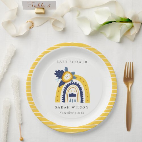 Bright Yellow Navy Boho Floral Rainbow Baby Shower Paper Plates