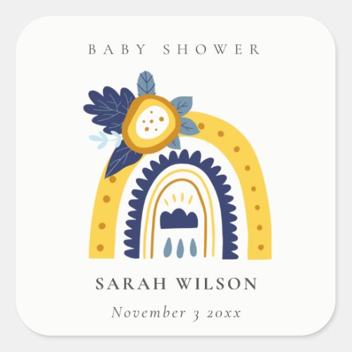 Bright Yellow Navy Boho Floral Rainbow Baby Shower Square Sticker
