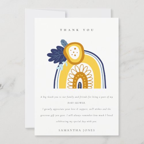 Bright Yellow Navy Boho Floral Rainbow Baby Shower Thank You Card