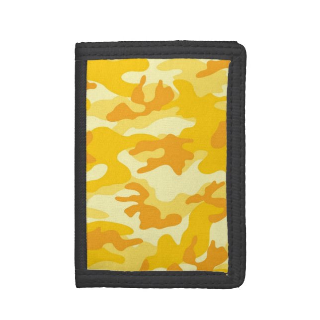Bright Yellow, Orange Camo, Camouflage Trifold Wallet (Front Vertical)