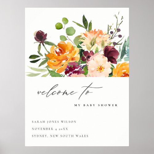 Bright Yellow Orange Floral Baby Shower Welcome Poster