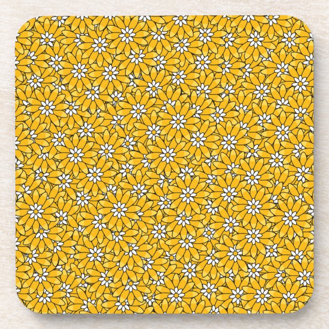 Bright Yellow Overlapping Floral Pattern Beverage Coaster (Front)