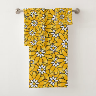 Bright Yellow Overlapping Flower Pattern Bath Towel Set