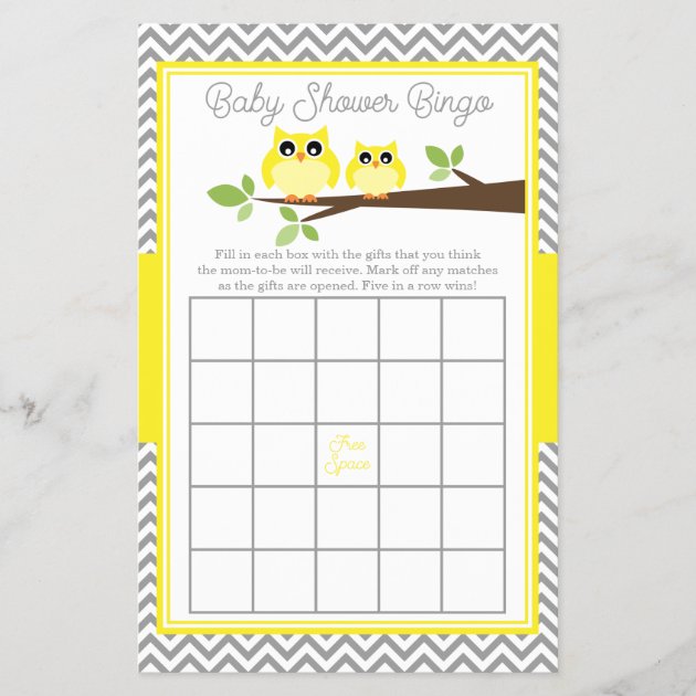 Bright Yellow Owl Gray Chevron Baby Shower Bingo
