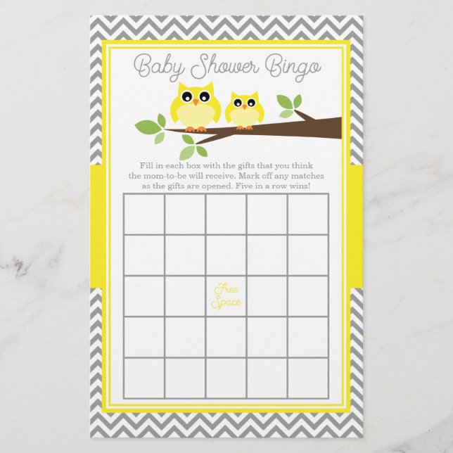 Bright Yellow Owl Gray Chevron Baby Shower Bingo (Front)