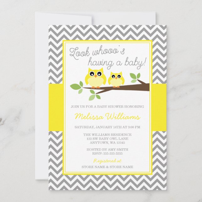 Bright Yellow Owl Gray Chevron Baby Shower Invitation (Front)