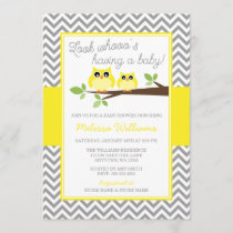 Bright Yellow Owl Gray Chevron Baby Shower Invitation