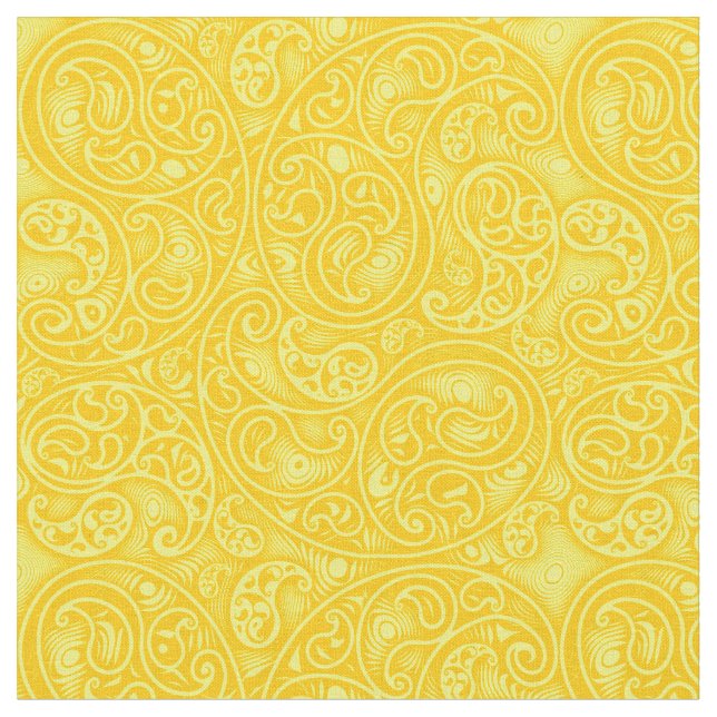 Bright Yellow Paisley Boteh Swirls and Spirals Fabric (Close Up)