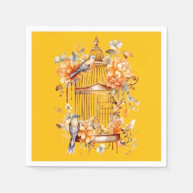 Bright Yellow Peach Bronze Birdcage Shower Napkins (Front)