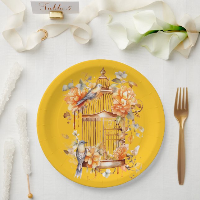 Bright Yellow Peach Bronze Birdcage  Shower Paper Plates (Wedding)
