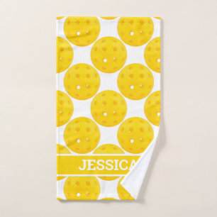 Bright yellow Pickleballs with custom text Hand Towel