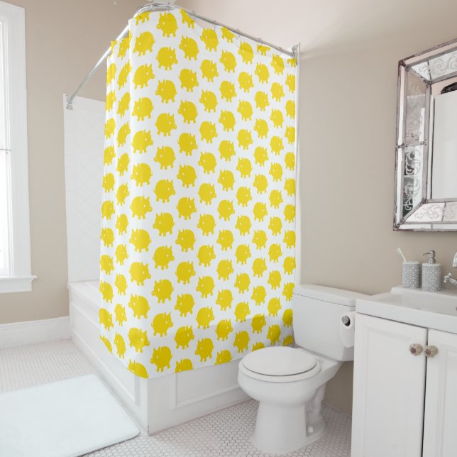Bright Yellow Pig Pattern Shower Curtain (In Situ)