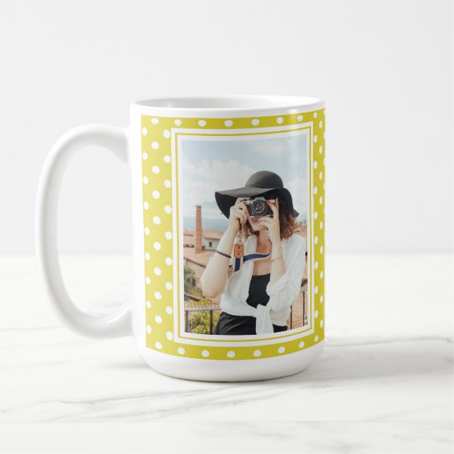 Bright Yellow Polka Dot Custom 2 Photo and Name Coffee Mug (Left)