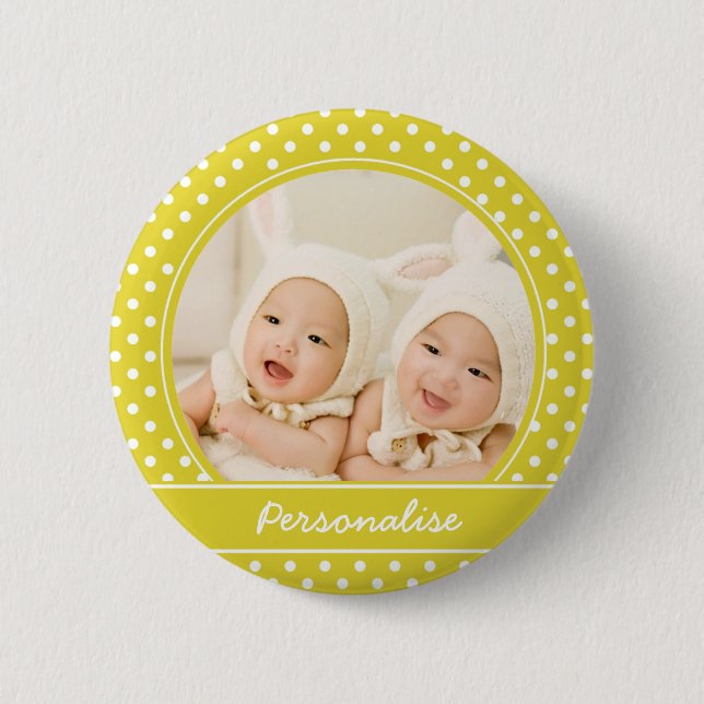 Bright Yellow Polka Dot Custom Photo and Name Button (Front)