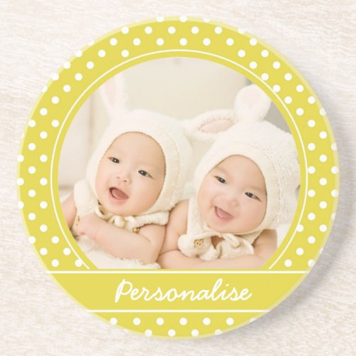 Bright Yellow Polka Dot Custom Photo and Name Coaster