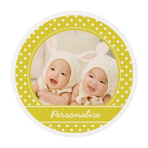 Bright Yellow Polka Dot Custom Photo and Name Edible Frosting Rounds