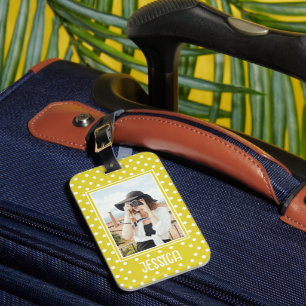 Bright Yellow Polka Dot Custom Photo and Name Luggage Tag