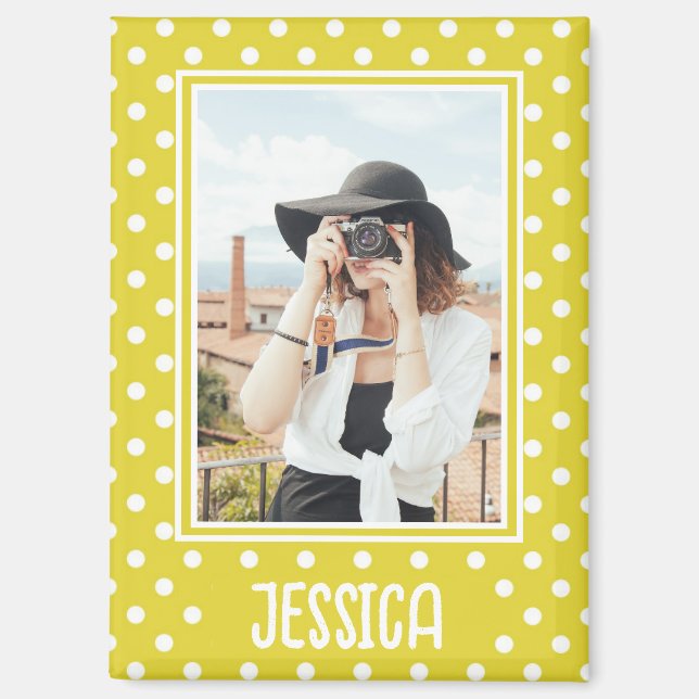 Bright Yellow Polka Dot Custom Photo and Name Magnet (Front)