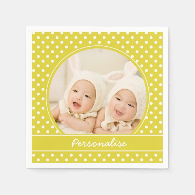 Bright Yellow Polka Dot Custom Photo and Name Napkins (Front)