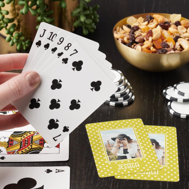 Bright Yellow Polka Dot Custom Photo and Name Poker Cards (In Situ)