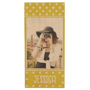 Bright Yellow Polka Dot Custom Photo and Name Wood Flash Drive