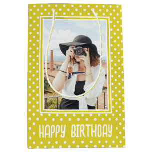 Bright Yellow Polka Dot Custom Photo Birthday Medium Gift Bag