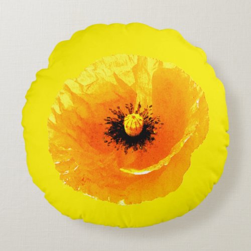 Bright Yellow Poppy Flower Floral Abstract Wedding Round Pillow
