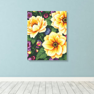 Bright Yellow & Purple Flowers Colorful Floral Canvas Print
