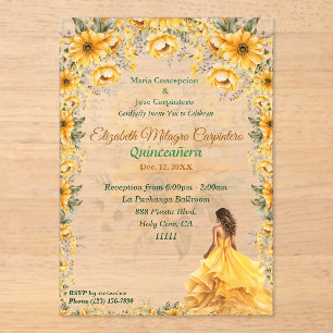 Bright Yellow Quinceañera Floral Design Acrylic Invitations