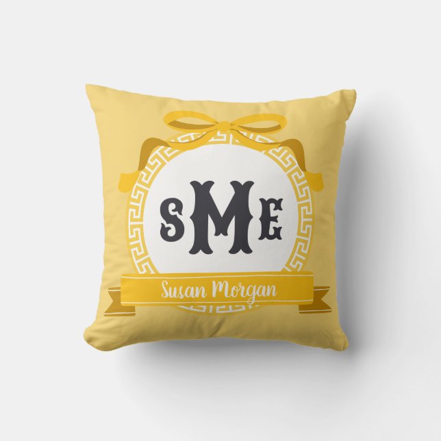 Bright Yellow Reverse Greek Key Bow Monogram Throw Pillow (Front)