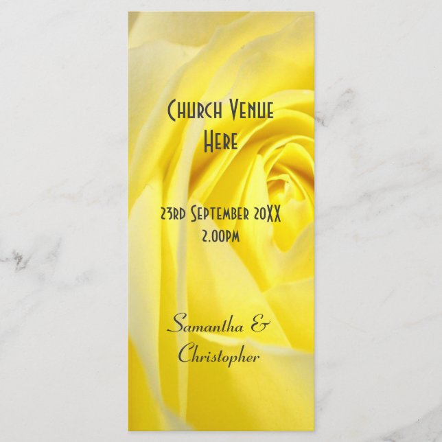 Bright yellow rose floral church wedding program (Front)