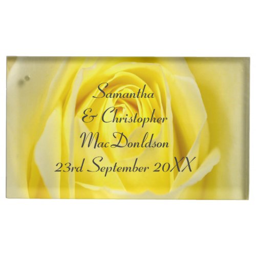 Bright yellow rose flower country floral wedding place card holder