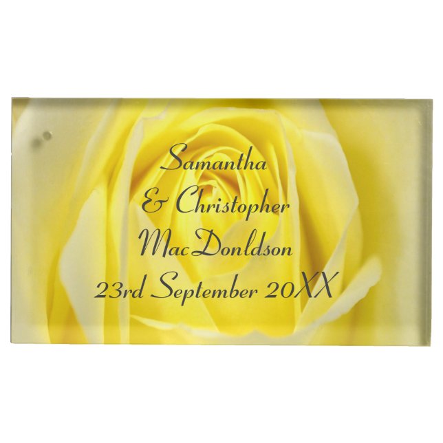 Bright yellow rose flower country floral wedding place card holder (Front)
