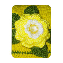 Bright Yellow Rose Green Leaves Crochet Print on