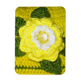 Bright Yellow Rose Green Leaves Crochet Print on Magnet