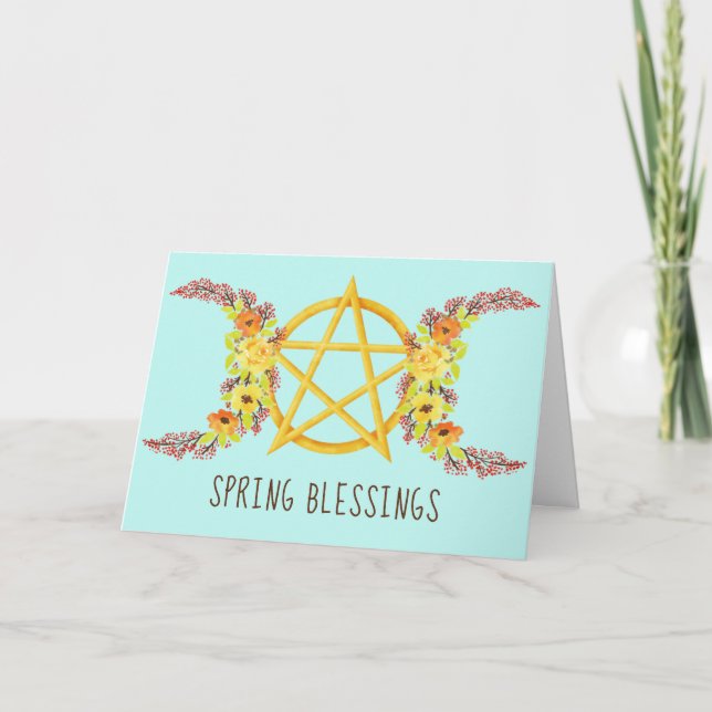 Bright Yellow Rose Spring Triple Moon Pentacle Holiday Card (Front)