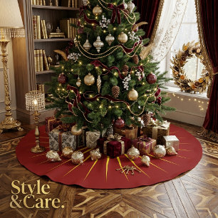 Bright Yellow Shining Star Mark Christmas Red Brushed Polyester Tree Skirt