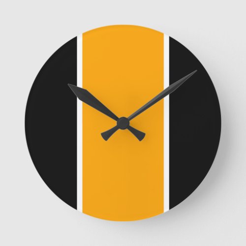 Bright Yellow Sleek Black White Vertical Stripes Round Clock