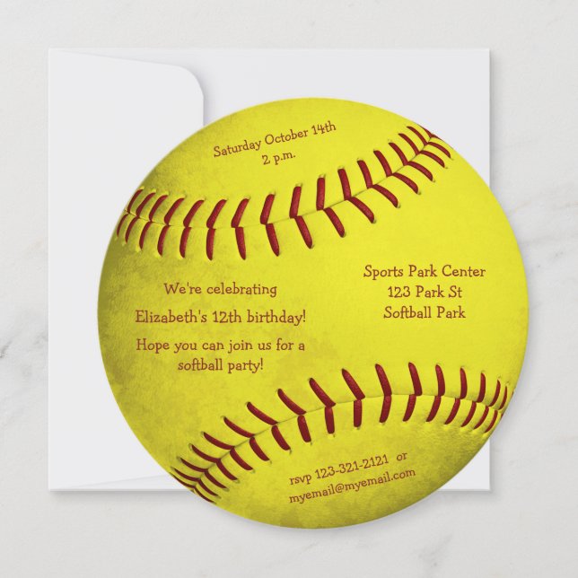 bright yellow softball themed girls sports party announcement (Front)