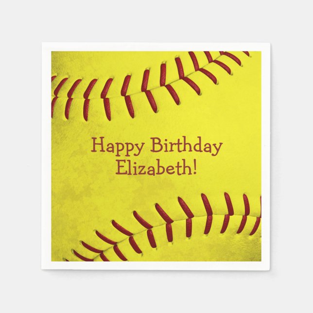 bright yellow softball themed girls sports party napkins (Front)